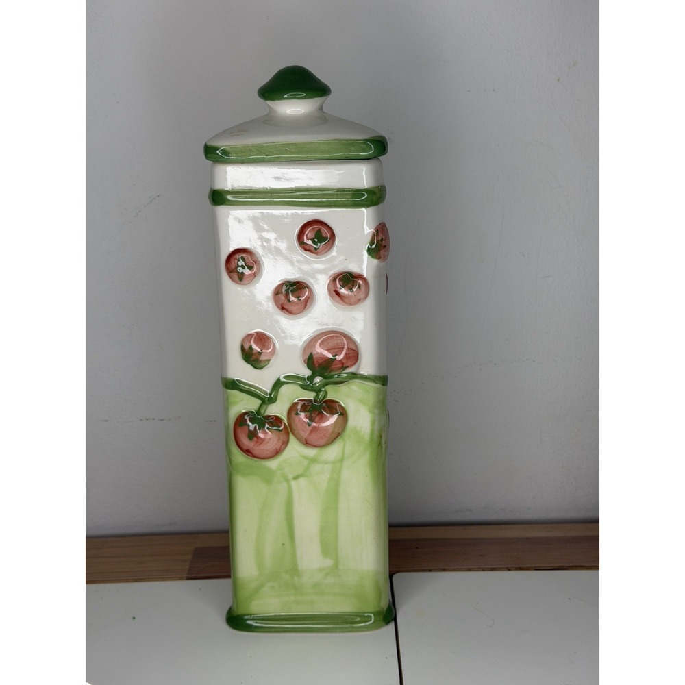 Vintage Triangular Ceramic Tomato Spaghetti Kitchen Canister 13.25"